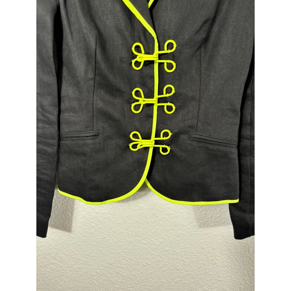 Love Moschino Blazer Womens 2 Black Neon Piping Military Linen Jacket Hooks - Picture 5 of 11